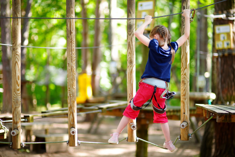 stock image of girl on rope bridge