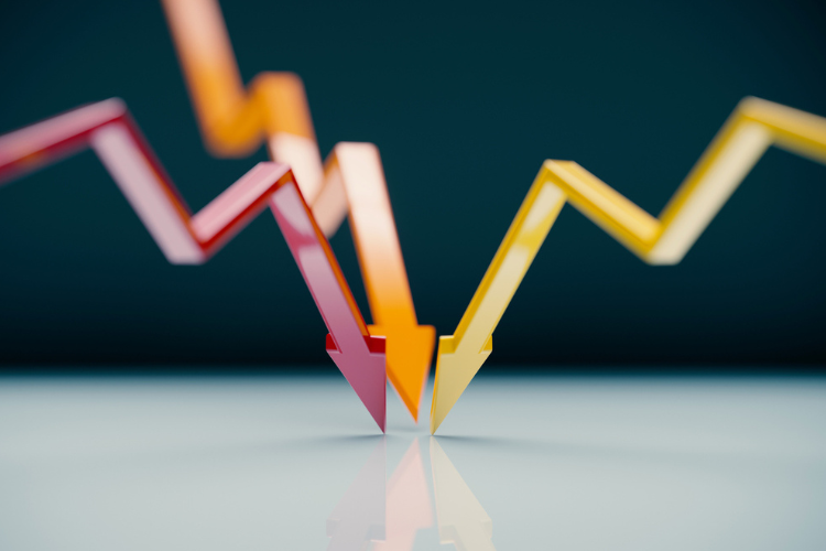 Three bright arrows pointing down a dark blue background.