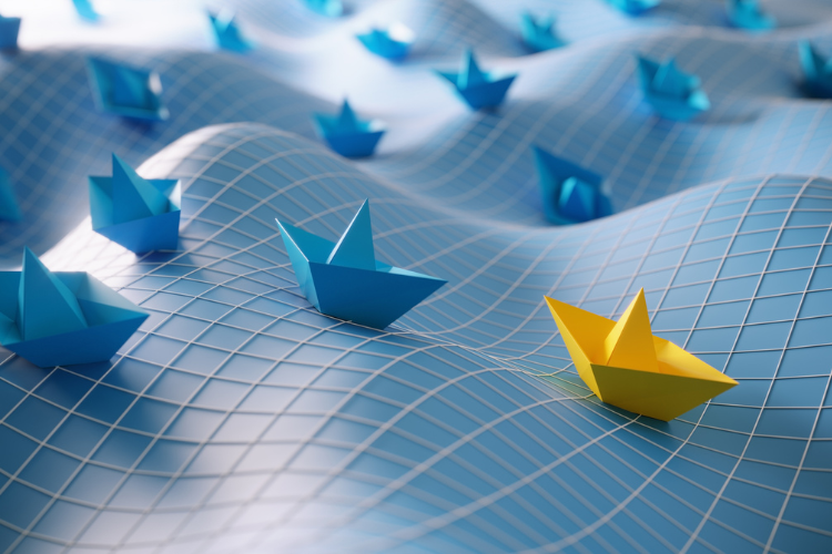 paper boats navigating a wavy grid paper