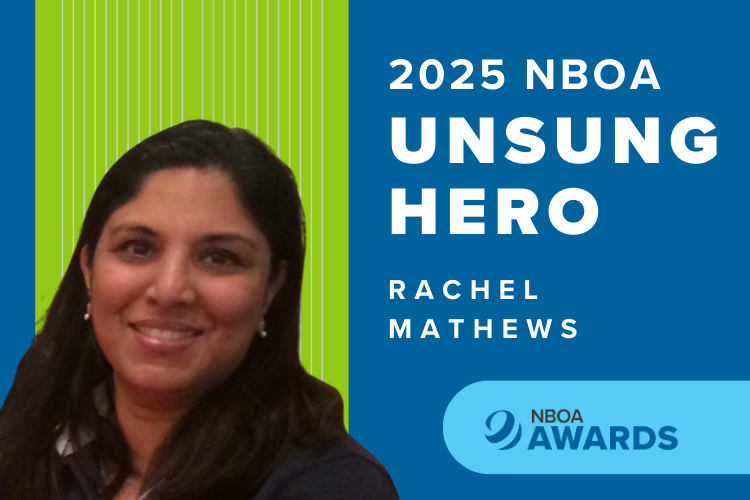 Headshot of Rachel Mathews against a blue and green NBOA background.